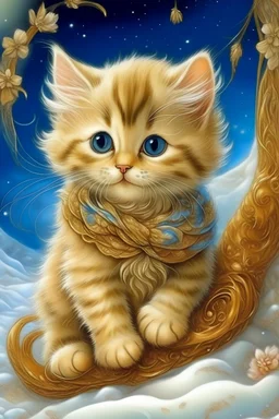 a kitten in a nanostyle, a cute baby kitten with huge round expressive sky-colored eyes and long eyelashes, an ashen Persian dressed in a golden Bolognese jumpsuit with white fur and ugg boots, in winter in the park, surrealism, chiffon ribbons, profile, smoke, marble, gold dust, Josephine Wall, zentangle pattern, ultrathin details