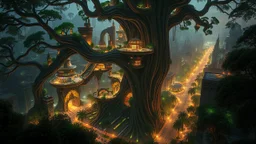 A breathtaking futuristic city built inside a giant tree, with buildings spiraling up the branches and glowing, bioluminescent plants lighting up the streets at night. Photographic quality and detail, award-winning image, beautiful composition.