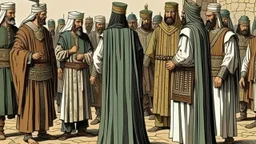 Rear view in 1490 of Andalusian men gathered around a commander in old Arab dress