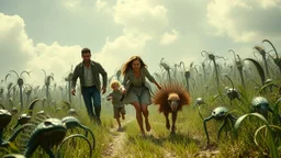 A man and a woman and a child being chased by a crowd of triffids