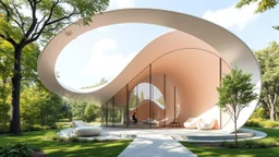 A beautiful unique pavilion shaped like a lemniscate (figure-eight curve), with a continuous flowing loop that creates interconnected spaces. The roof gently rises and falls in harmony with the curve. Ther structure's colouration is reminiscent of a rainbow. Large, open-air windows allow natural light to flood into the building. The interior features rounded, organic forms that follow the curve of the lemniscate. The effect is calm, comforting, protective and delightful. Award-winning photograph