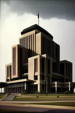Modern Architectural style for building of India's military Headquarters, make it visibly military and intelligence style at the same time similar to Indian Architecture, use darker colors, make it wider and not much taller