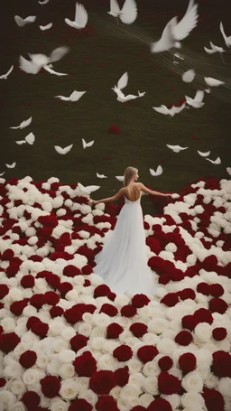 White wings, scissors, red dress in the middle of a field of white roses. Cinematic photo from above