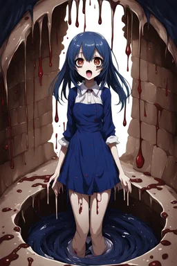 Anime girl with big eyes, darkblue and sepia tones, fullbody, slime, the perspective looking up from the bottom of an empty well, rolling eyes, tongue out, blood drip, open mouth,