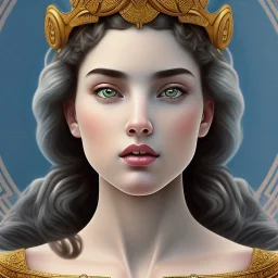 Disney Portrait of Greek Mythology Goddess Athena " with white elegant old greek apparel and Laurel crown.extremely detailed face, ,perfectly centered image,intricate detail.dark hair, sharp dark eyes, bright blue lighting, sarcastic smile, sharp focus hair. alphonse mucha style