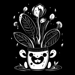 Make black and white cute drawing of a Mandrake with black bold lines. Only outline, no grayscale. A funny, baby-like mandrake plant with leafy "hair," sticking out of a pot. It has a cute, exaggerated screaming face as if it’s being pulled out of the soil, surrounded by sparkles and tiny magical mushrooms.