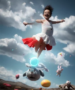 Ultra realistic speed clouds sky scene, wide angle view, child falling down with many Children background, rabbit head, inflatable monsters, circus dress style, feather color, free jumping flying, many trinkets, hair monster, many jelly beans, balls, color smoke, smile, happy, extreme, wind, clouds sea, 20,000 feet altitude, stratosphere, soft color, highly detailed, unreal engine 5, ray tracing, RTX, lumen lighting, ultra detail, volumetric lighting, 3d, finely drawn, high definition.