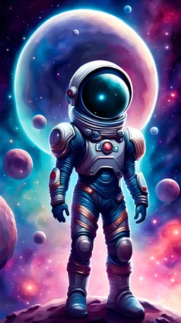 spaceboy , with space armor, nebula background with spaceship