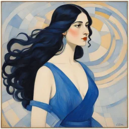 a naive painting of a Spanish brunette with long hair, small nose, in a blue silk dress with thin straps, thick lines, large areas of flat color, la ligne claire by Kupka