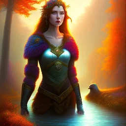  fantasy art, book illustration,portrait of a powerful druid and her flock by a dam ,autumn water, colorful, evening