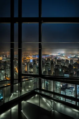 top floor of skyscrapper in moder city at night sky next to a wide window ,city scape at backgrownd