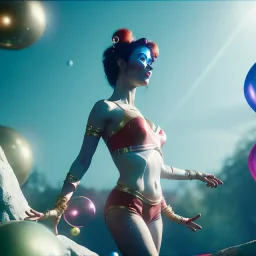 Ultra realistic circus scene. Classic acrobat woman, waist up view, Wes Anderson style, happy, bubbles, highly detailed, concept art, unreal engine 5, god rays, ray tracing, RTX, lumen lighting, ultra detail, volumetric lighting, 3d, finely drawn, high definition, high resolution.