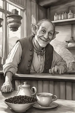 [coffee] In the Inn, the smiling hobbit worked behind the bar. Though small in stature, none was more joyful in service. His eyes, bright as sunrise and always upturned in mirth, inspected beans from distant lands. From the machine poured drinks like liquid gold. Each shot drew from him a chuckling sniff, scents of exotic hills filling his head. With care he textured cream, lips still smiling as lofty peaks crowned. Patrons gathered round pots steaming, laughter echoing as in a hobbit-h