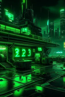 pos-apocalyptic cyberpunk city, a plubicity showing the number "2222", illuminated green neon, dark, high contrast