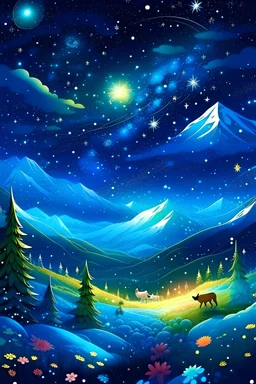 paisaje de una noche estrellada donde aparezcan las luces del norte , que haya montañas nevadas ,que haya flores y animales .