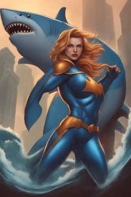 A superhero suit would be sleek and powerful, with a shark-inspired design. It would have a dark blue colour scheme, sharp lines, and a fin-like cape, representing her strength and determination.