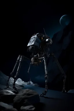 eight legged mechanical walker scaling a very steep rocky side of mout everest at night, it has a smooth surface, it has storage pods on its belly human can fit in the pods