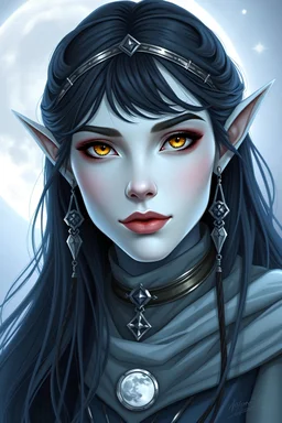 Generate a dungeons and dragons character portrait of a beautiful female elf with pale blue skin and long black hair and bright gold eyes, who is a cleric of the moon, recolor image in white, silver and slate blue with a moon and celestial theme,