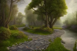  winding stone path lit river