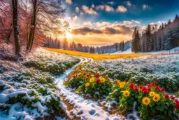 a field filled with lots of flowers next to a forest, footsteps in the snow, splashes of colors, path, very attractive and beautiful clouds, ( land ), pathway, color splashes, beautiful view, soft edges, stunning screensaver.