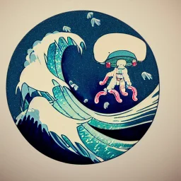 An astronaut floating in space surrounded by a halo of glowing jellyfish, done in the style of Hokusai's The Great Wave off Kanagawa