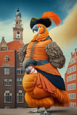 Pregnant Half parrot half human in a old 1700s orange Dutch uniform in front of a Dutch city