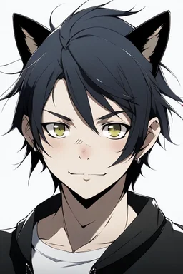 A mature male anime man with messy black hair, black cat ears.