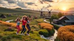 a group of young ladies in sports pants and blouse are dancing to camera in village over high grassy hills,a small fall and river and wild flowers at river sides, trees houses ,next to Ripe wheat ready for harvest farm,windmill ,a pretty train is arriving to station,cloudy sun set sky