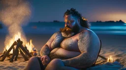 photography of a sicilian baywatcher burly sweat chubby 44 years old , swimwear, manly chest ,tattoo, curly hairs, long beard, sitting on a beach chairs at the beach at midnight , illuminated by bonfire, photorealistic, 8k, Canon EOS, 35mm lens, , unreal engine, greg rutkowski, loish, rhads, beeple, makoto shinkai and lois van baarle, ilya kuvshinov, rossdraws, tom bagshaw, alphonse mucha, global illumination, detailed and intricate environment