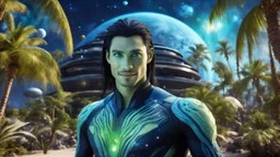 beautiful gorgeous young man na'vi with long hair, Avatar, blue skin, two small ears, green eyes, black hair, in cosmic suit, galactic ambiance, medium pointy goatee , smiling, with spaceship and planets and palm trees and clear crystaline cosmic beach in background