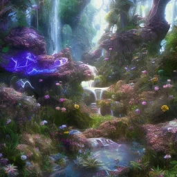 magical blu castel, bioluminsescent plants, 8k resolution, dynamic lighting, ultra hyperdetailed, waterfalls, ultra colourful flovers and butterflys,, very small details, realistic.