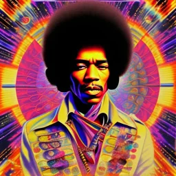 a realistic picture of Jimi Hendrix with dreadlocks, at a turntable with headphones on being a DJ, vivid color, with sunglasses, psychedelic trippy art, with UFOs in the background