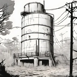 water tank, bared land, post-apocalypse, front view, comic book, cartoon,,