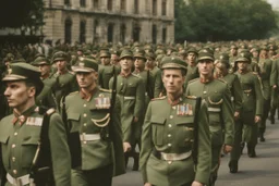 caucasian soldiers; marching in formation; away from camera; military parade; tight formation; shoulder to shoulder; marching along a street; green uniforms; medals and insignia; weapons in hands;