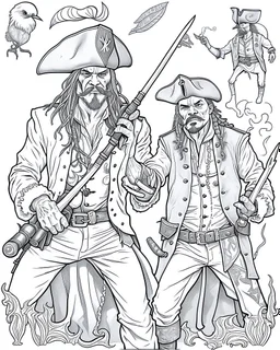 Pirates of the Caribbean: Dueling Pirates Coloring Challenge: Create an action-packed coloring page inspired by the Pirates of the Caribbean movie, featuring a dramatic scene with two pirates engaged in a thrilling sword duel. Capture the intensity of the battle with dynamic poses and expressions, providing ample space for young artists to color the characters and their surroundings in black and white. This coloring challenge invites kids to infuse their creativity into the high-stakes world of