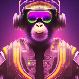 A beautiful portrait of a cyborg monkey purple neon color scheme, high key lighting, volumetric light high details psychedelic background