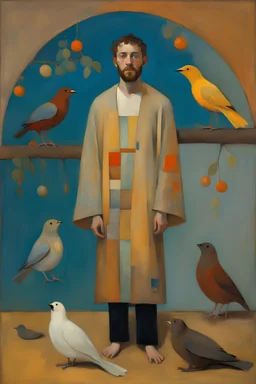 Otherworldly, Euan Uglow-John Lowry Morrison full body view of a beardy Shia LaBeouf-John Krasinsky, beautiful body hues Paul Gauguin Medieval organza Klimt glitter robe sits on the ground holding a bramches nest with two colored birds.by meticulous Hieronymus Bosch oils, in fantasy hues by Paul Gauguin heightened palette., detail faces and body parts, total body-paint Iris Van Harpen curvilinear art Nouveau tattoos, Mario bava movie still, Masterpiece, sharp focus, raw photo environment scape,