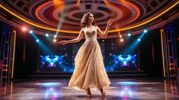 full body shot of a very beautiful Azeri lady with makeup and bob hair, wearing a pretty jewelled long skirt and heels, dancing gracefully on a modern stage with luxury structure and dynamic color lights.