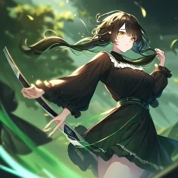 Clear focus, High resolution, Rough line, Clear focus, High resolution, Rough line, brown short hair with long locks fluffy, floating hair, glowing eyes, holding a sword, wearing a green leaf in her hair, wearing dark green skirt with a white line, wearing a red bow and a black sleevless shirt, cut frilled sleeve at top, sleeve have a ribbion at the end, wearing black fingerless gloves, anime screencap