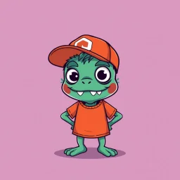 cartoon monster wearing a ballcap and T-shirt on solid color background