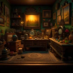 Diorama of old stuff in a room, sharp focus, 8k, 3d, very detailed, volumetric light, grim, fine art, very colorful, ornate, 35mm, F/2.8, insanely detailed and intricate, hypermaximalist, super detailed, decadent