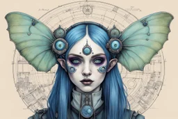 Jean-Baptiste Monge style hand drawn technical, portrait illustration , with detailed blueprints and engineering schematics of a walking hybrid Luna moth goth girl, with highly detailed facial features with multi cellular eyes, drawings, and technical notation, 8k, vibrant natural colors, whimsical fantasy