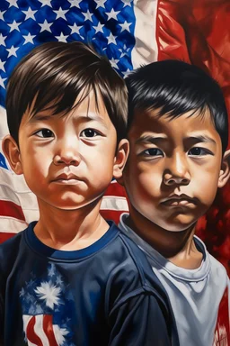 an expressive painting of a white and black and asian and Hispanic boys painting, with American flag in the background, we might see a companion with features of absolute strength and determination, blended with warmth and deep faith. Perhaps his face expresses wisdom and courage, with eyes radiating confidence and faith.