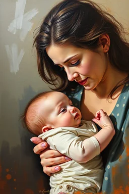 portrait of a mother and her baby, oil on canvas, love, affection, emotion