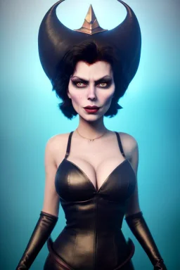 Lene Nystrøm as evil queen in black leather, busty, cleavage, voluptuous, Aqua Lene, angry, stern look. character design by cory loftis, fenghua zhong, ryohei hase, ismail inceoglu and ruan jia. unreal engine 5, artistic lighting, highly detailed, photorealistic, fantasy