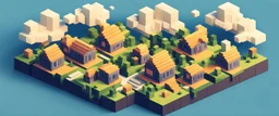 isometric voxel landscape with houses and clouds