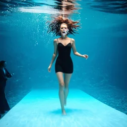 Underwater photoshoot of a model walking down a catwalk with hair suspended in the water and bubbles coming from her mouth, photorealsim, HD, concept photograph