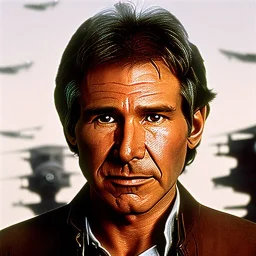 8k hyperspace background,complete and photo realistic detailed head to waist stunning, extrem photo realistic portrait of harrison ford as han solo in star wars with short lenght, Symmetrical, soft, fine, warm, photo realistic hair, brown eyes, professional majestic photo realistic painting by Ed Blinkey, Atey Ghailan, by Jeremy Mann, Greg Manchess, Antonio Moro, trending on ArtStation, Intricate, Sharp focus, rough skin,space outfit