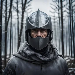 head photo of a man wearing an iron knight helmet, full face cover, extreme cold stormy and windy weather, cold forest tundra, cinematic and dramatic photo
