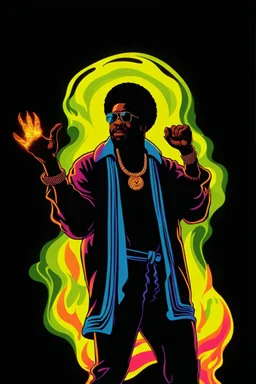 70s Black light poster design in the style of George Goode, featured “a black man rais[ing] his unshackled fist while the background bursts with fluorescent yellow flame.” neon fluorescent glow, psychedelic, bright, shimmering, fluorescent colors pop and sizzle, mystique, cosmic